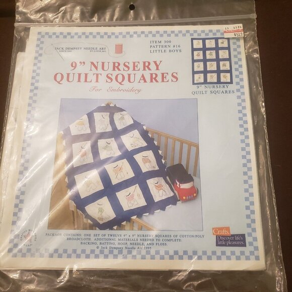 Jack Dempsey Needle Art Stamped White‎ Nursery Quilt Blocks 9" Ltl Boys 300 #16 - Picture 1 of 3
